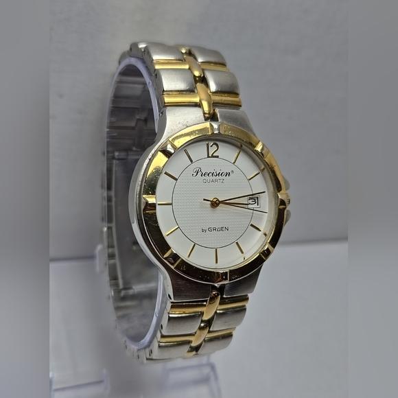 Precision Gruen Watch Mens 36mm Silver Gold Two Toned Date New Battery - Picture 3 of 11